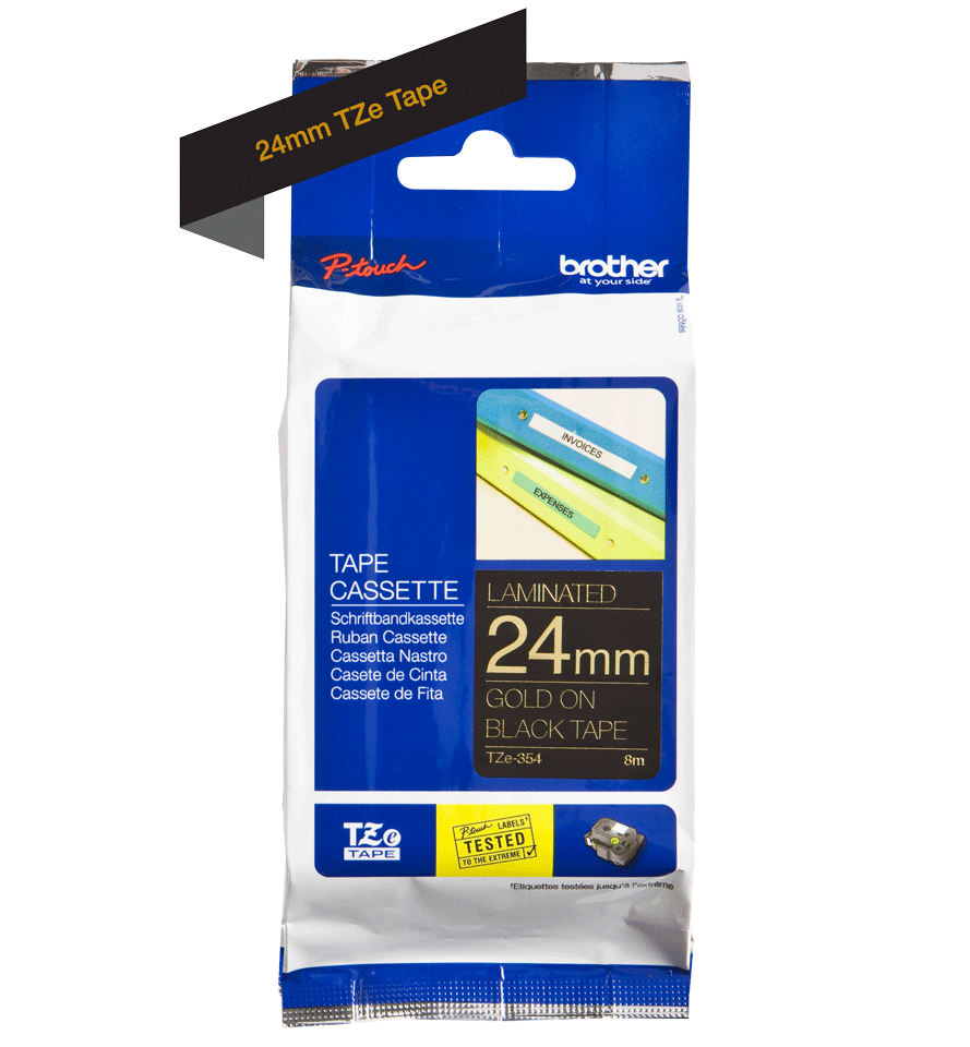 Genuine Brother TZe-354 Labelling Tape Cassette – Gold on Black, 24mm wide 3